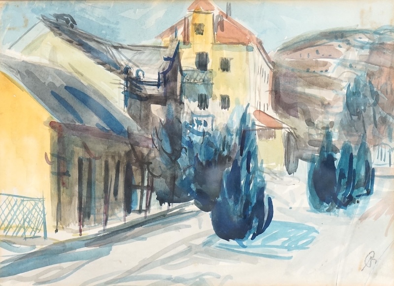 Bernath Aurel (Hungarian, 1895-1982), watercolour, Village street scene, monogrammed, 20 x 28cm
